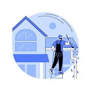 Gutter cleaning abstract concept vector illustration. Home maintenance, rooftop, construction business, roof repair, power wash, leaf and moss removal, downspout pipe, autumn abstract metaphor.
